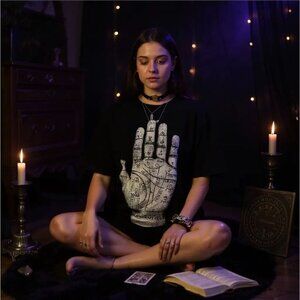 Palm Reader Graphic Tee W/ Occult Design & White Print – Blackcraft Unisex NWT